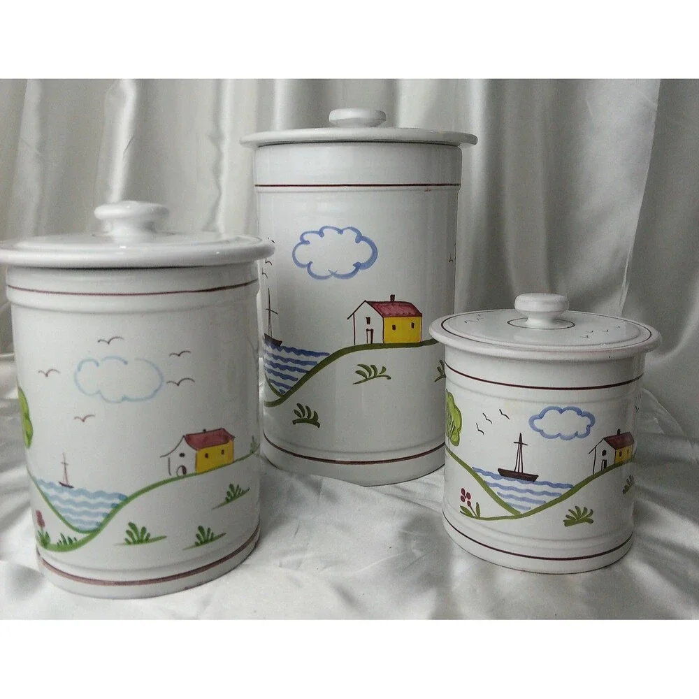 VINTAGE ARS DERUTA HAND PAINTED MADE IN ITALY CANISTER SET OF 3